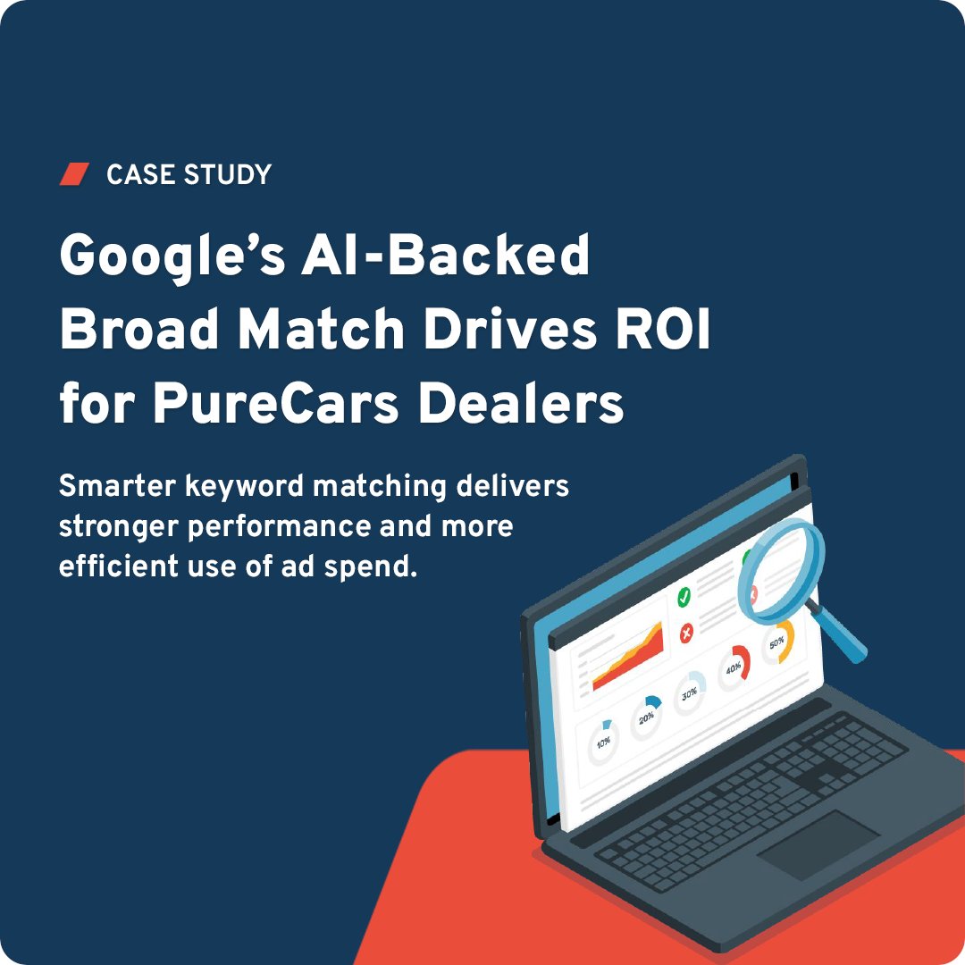 PureCars's tweet photo. 💡 Broad Match has come a long way—now powered by Google AI to reach more shoppers &amp; boost efficiency.

We tested it across dealership campaigns, and the results speak for themselves 👇
https://t.co/qY1PI4ZexN https://t.co/3NxenAIQVI