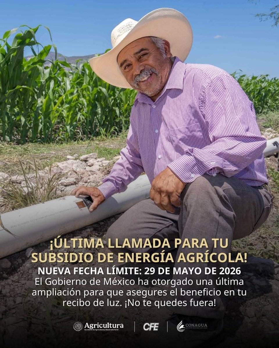 agricultura_dgo's tweet photo. Amigo Productor en Durango, se amplía al 29 de mayo de 2026,  el plazo para reinscribirse al Programa Especial de Energía para el Campo (PEUA).

Acude cuanto antes a tu CADER o DDR más cercano.

https://t.co/eQTOi4Vrrk

@Claudiashein @JulioBerdegue @RaulSalgadoSV @ismaelayala7 https://t.co/r8eKBcUdrz