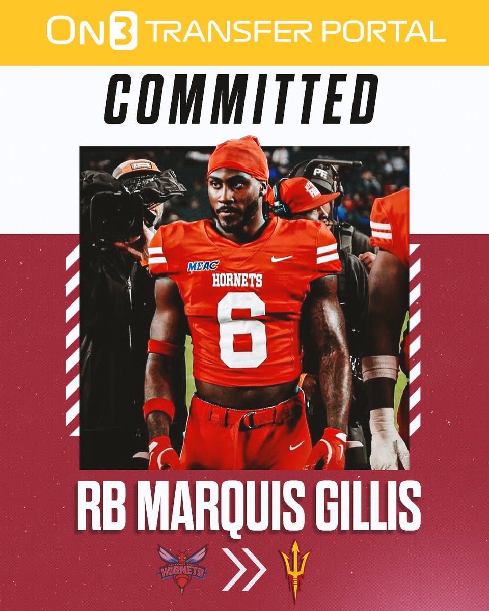 NCAAFNation247's tweet image. ● RB Spotlight ●

Marquis Gillis

Delaware State ➡️ Arizona State

• Gillis was sensational for Delaware State and I believe he does well making the jump to the #Big12. Last season he rushed for 1,182 yards 9 Touchdowns averaging an impressive 6.45 ypc.