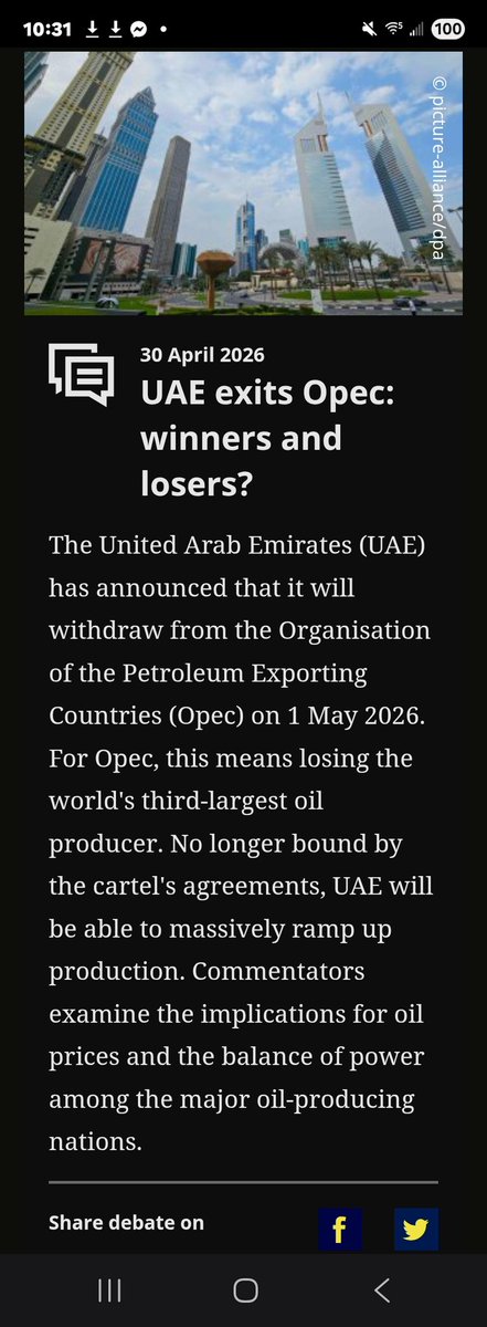 RobertCFried's tweet image. United Arab Emirates 
i.e. Abu Dhabi, UAE 
Exits OPEC: 
Winners and Losers❓️
#SaudiArabia #MiddleEast #Crises #War #Energy #Iran #Venezuela #UAE #UnitedArabEmirates #Global #Infrastructure #Travel #Transport #InternationalRelations #Industry #Trade #Inflation #Economy ▶️