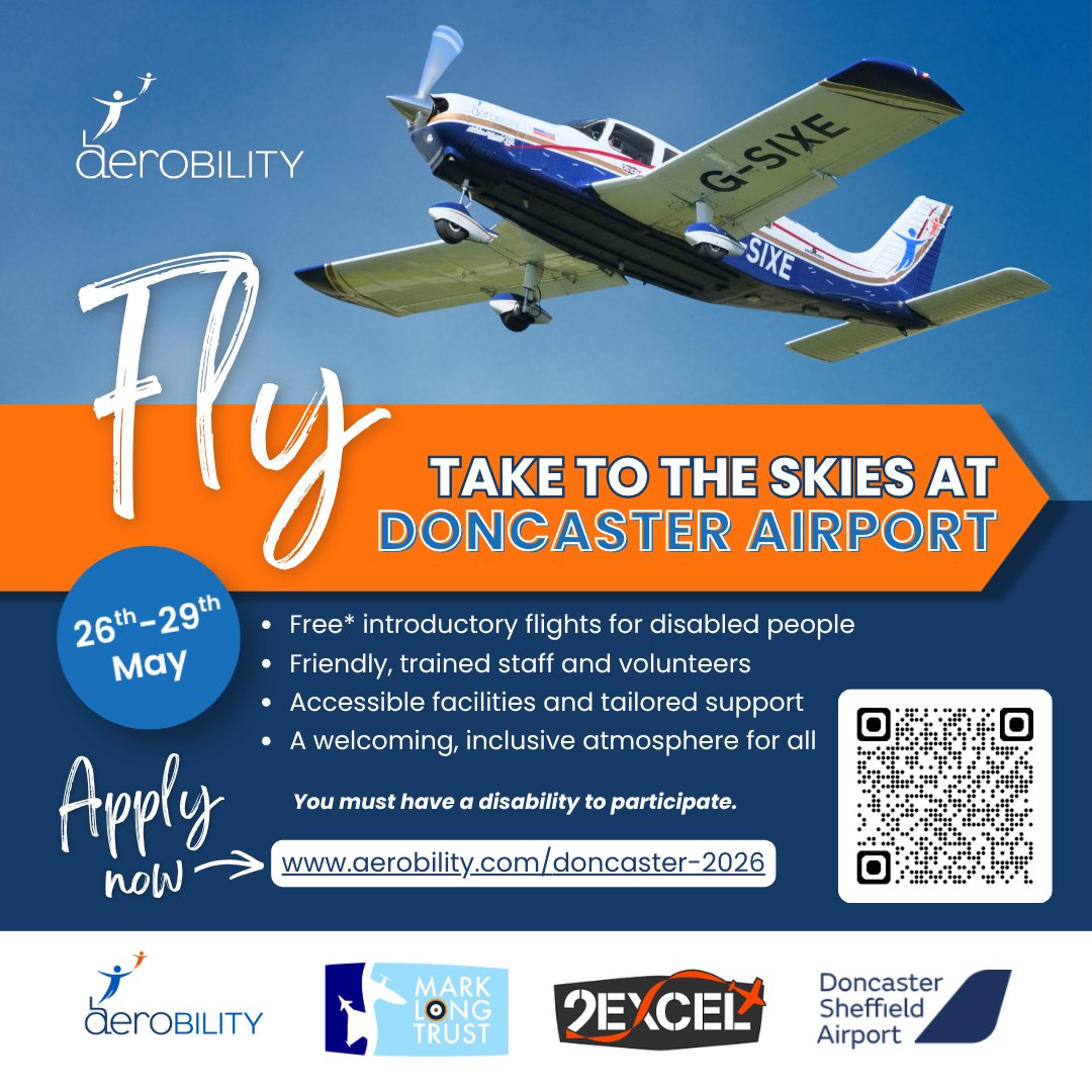 Aerobility's tweet photo. Aerobility invites people with disabilities in Yorkshire to enjoy FREE* flights from Doncaster Sheffield Airport to increase reach and inclusivity. 

Supported by The Mark Long Trust &amp; 2Excel, you can apply here: https://t.co/TNYmXcRtZs

*Limits apply follow link for more info https://t.co/0aSFd0huMd