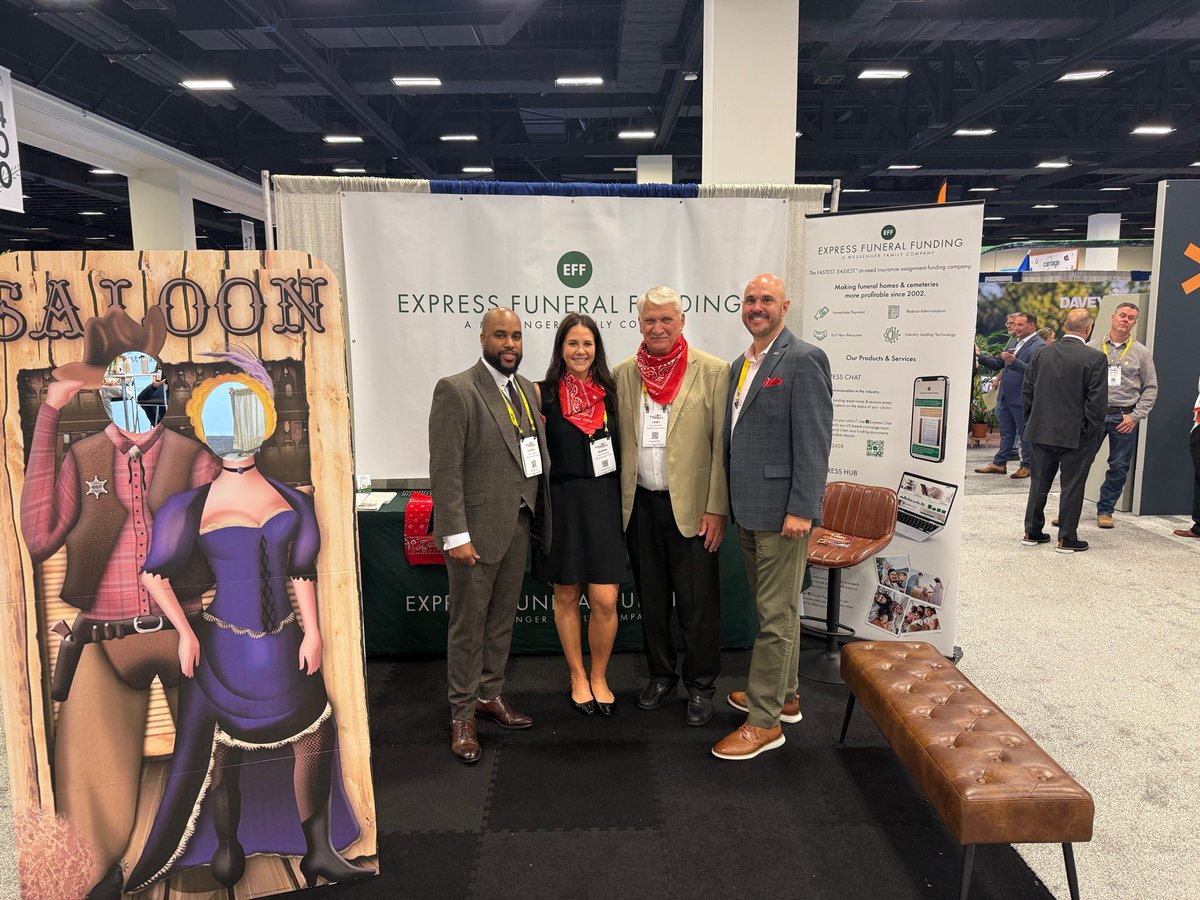 ExpressFuneral's tweet photo. Stop by Booth 275 to snap a picture, grab a bandana, enter our giveaway, and say hello to Deanna, Ben, Larry, and Taurell! We are right across from NGL’s Buck-Off! #ICCFA #ExpressFuneralFunding #EFFSalesTeam #ConventionSeason2026 #ICCFA2026 https://t.co/CL9Ava69B3