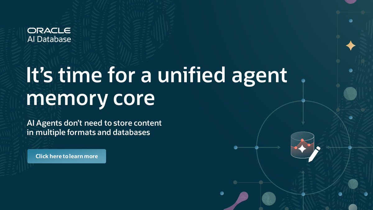 mp3monster's tweet photo. AI agents’ memory is scattered across vectors, databases and clouds. Oracle AI Database offers a unified memory core to store context and session information—all in one engine along with diverse data types. Learn more: https://t.co/TwAmwgIunt https://t.co/l2movKsprV