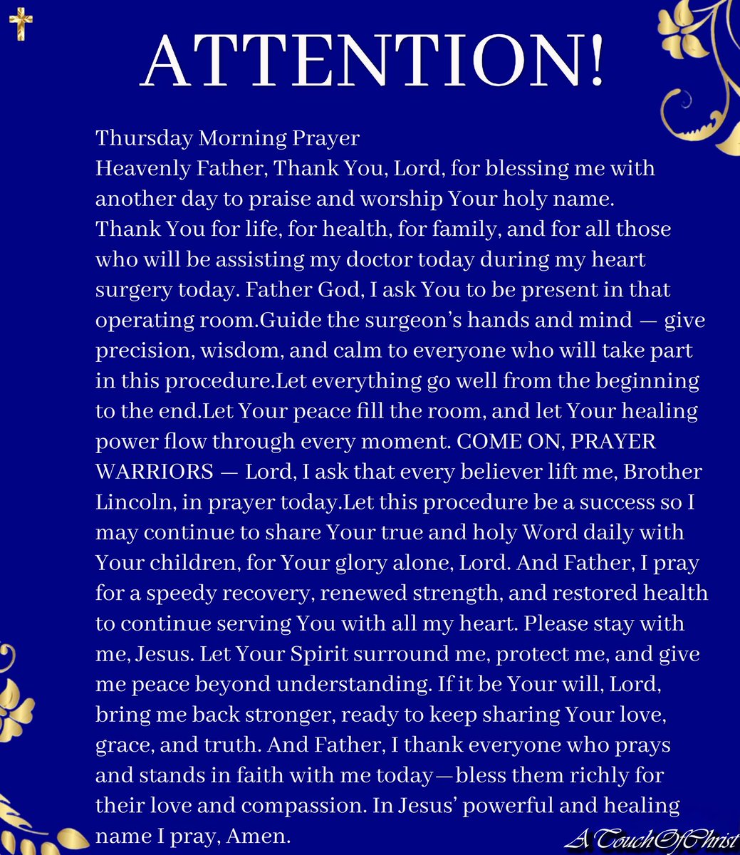 Atouch_christ's tweet photo. THANK YOU BROTHERS AND SISTERS FOR THE LOVE AND SUPPORT! MY SURGERY STARTS AT 11:00 AM THIS MORNING, PLEASE PRAY MY STRENGTH IN THE LORD. I WILL KEEP YOU POSTED, HAVE A BLESSED DAY. https://t.co/retC5YsHRN