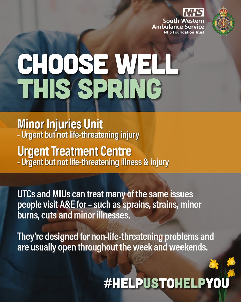 swasFT's tweet image. Need urgent care this Bank Holiday in the South West?

Urgent Treatment Centres can help with:
✔️ Minor injuries
✔️ Minor illnesses
✔️ When your GP is closed

They’re often quicker than A&amp;amp;E and ready to help 🏥

Choose the right service this Bank Holiday.

#ChooseWell #UrgentCare