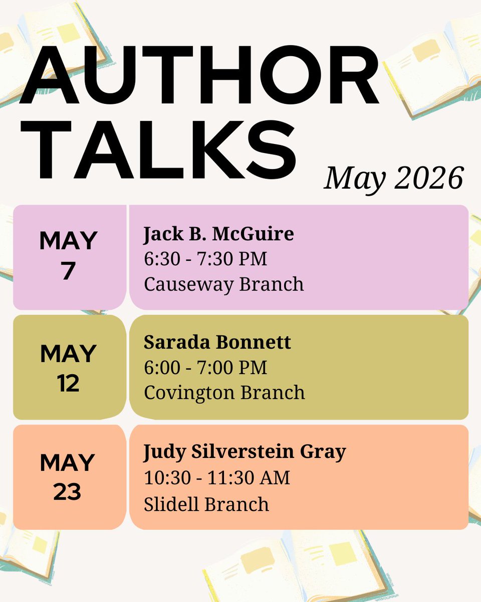sttammanylib's tweet photo. Next month! π Join us at our branches to hear from talented local authors Jack B. McGuire, Sarada Bonnett, and Judy Silverstein Gray! ππ
π«May Authors: https://t.co/yPP8fJ4mb2
#STPL #AuthorTalks #PublicLibrary #LouisianaLiterature https://t.co/BR0HcquiE0