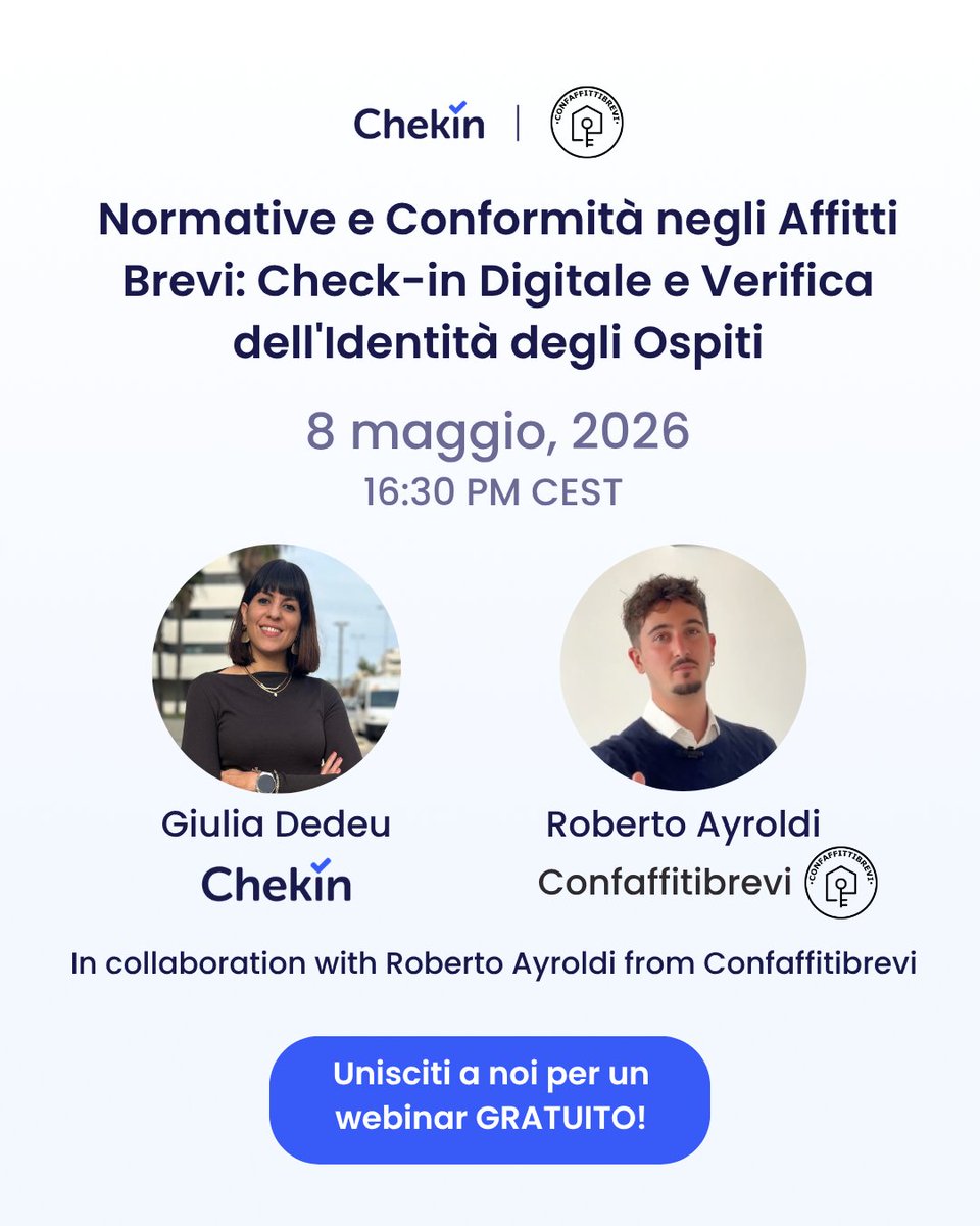 CheKinapp's tweet photo. On May 8, @Chekin joins @Confaffitibrevi to break it down live:  digital check-in, identity verification, and what property managers need to know.
Free webinar · 4:30 PM CET · In Italian 🇮🇹
🔗 https://t.co/M5bipbmPB3
#AffittiBrevi #Compliance #Chekin https://t.co/0zTlVLZ0hP