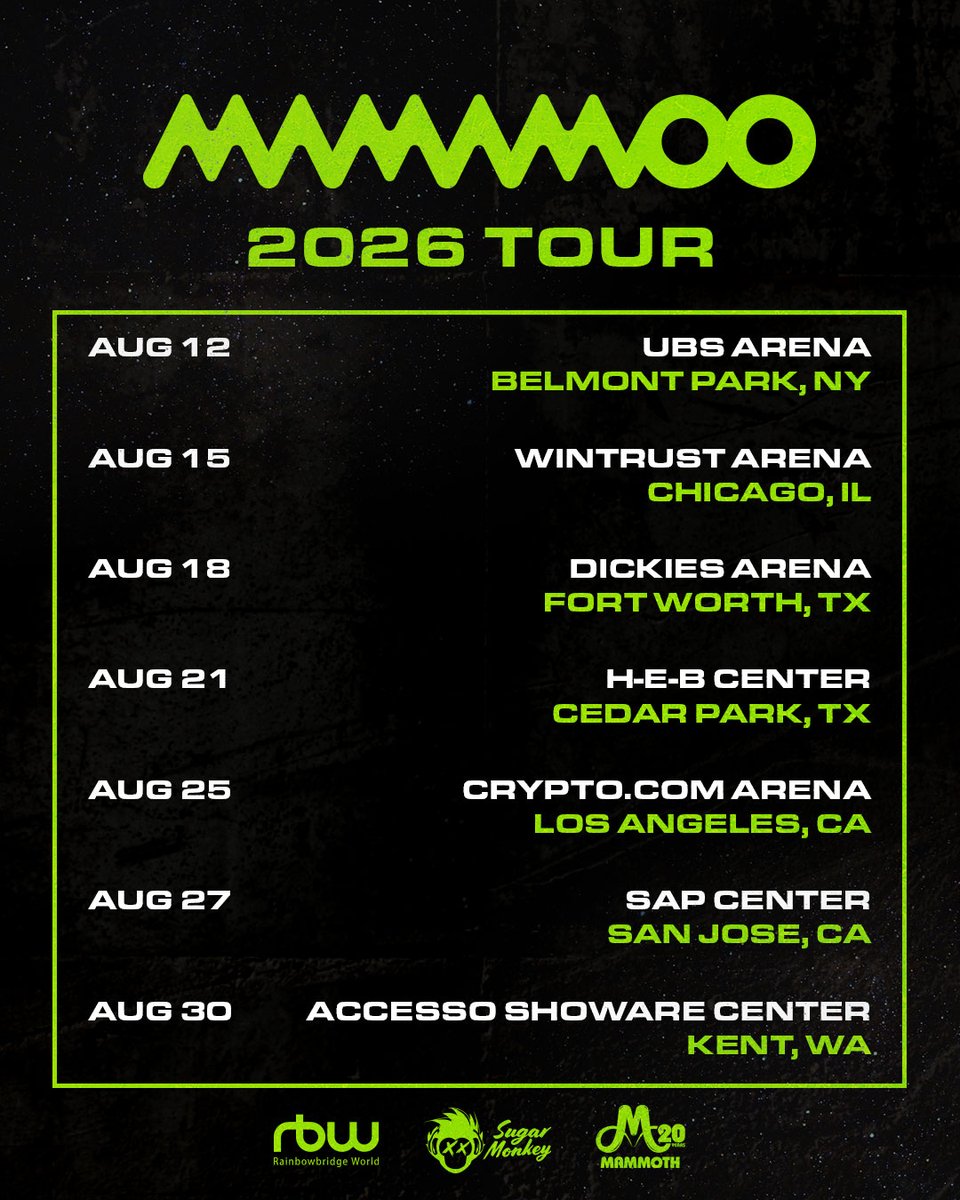 DragonKazoo77's tweet image. MAMAMOO 2026 US TOUR

Website &amp;amp; Ticket
🔗mamamoo2026us.com

Presale Registration:
5/1 10 AM ~ 5/11 10 AM (ET)

#MAMAMOO Artist Presale:
5/13 10 AM ~ 5/14 10 PM (local)

Public Onsale:
5/15 10 AM ~ (local)

#SOLAR #솔라 #MOONBYUL #문별 #WHEEIN #휘인 #HWASA #화사 #마마무