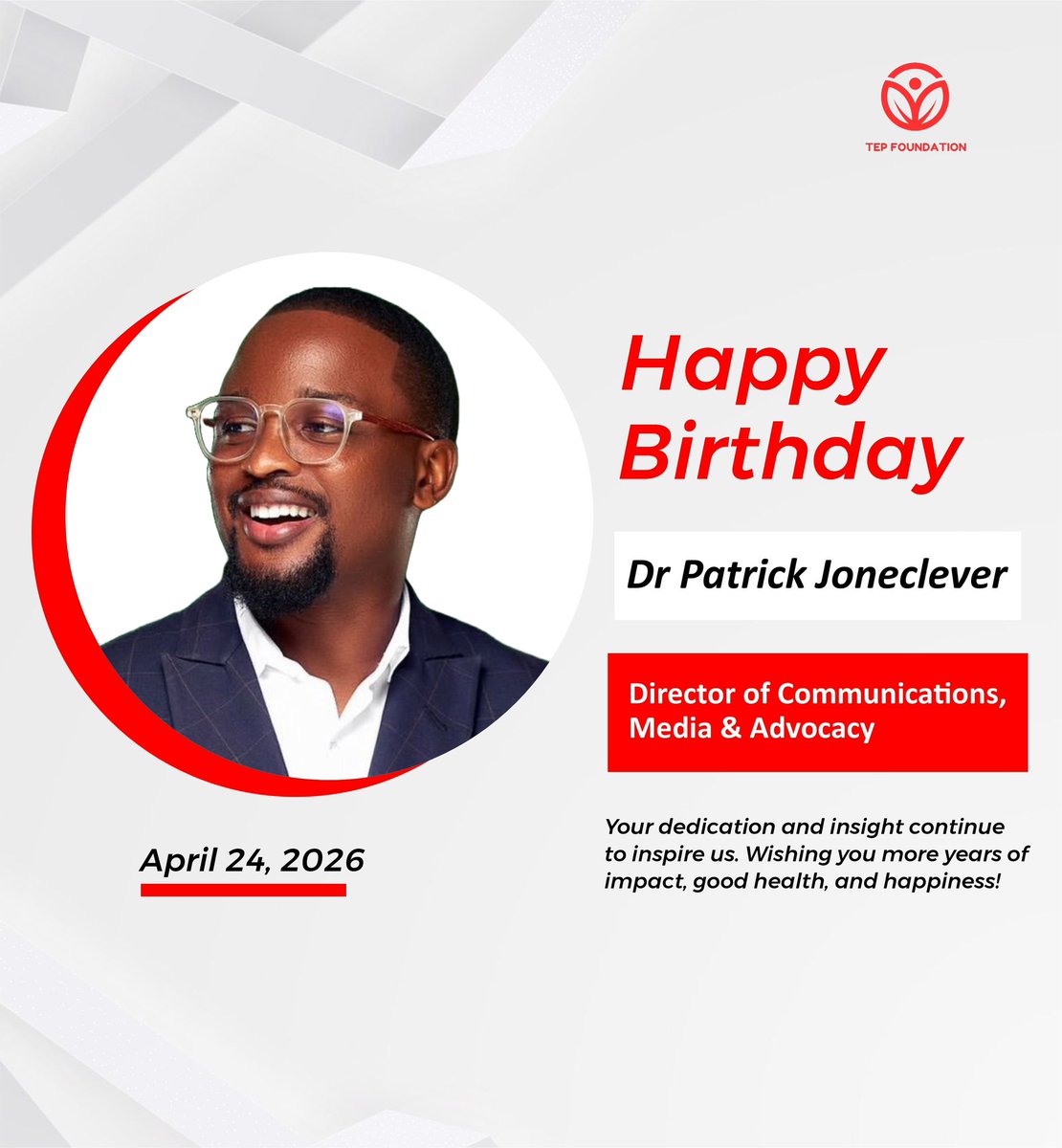 Tep_foundation's tweet photo. Today, we celebrate you and your inspiring contributions to advancing our cause. Your professionalism, insight, and collaborative spirit remains instrumental to our growth.

Happy Birthday Dr @Joneclever Wishing you continued growth, greater milestones, and lasting impact. https://t.co/QnEMdh0f6n