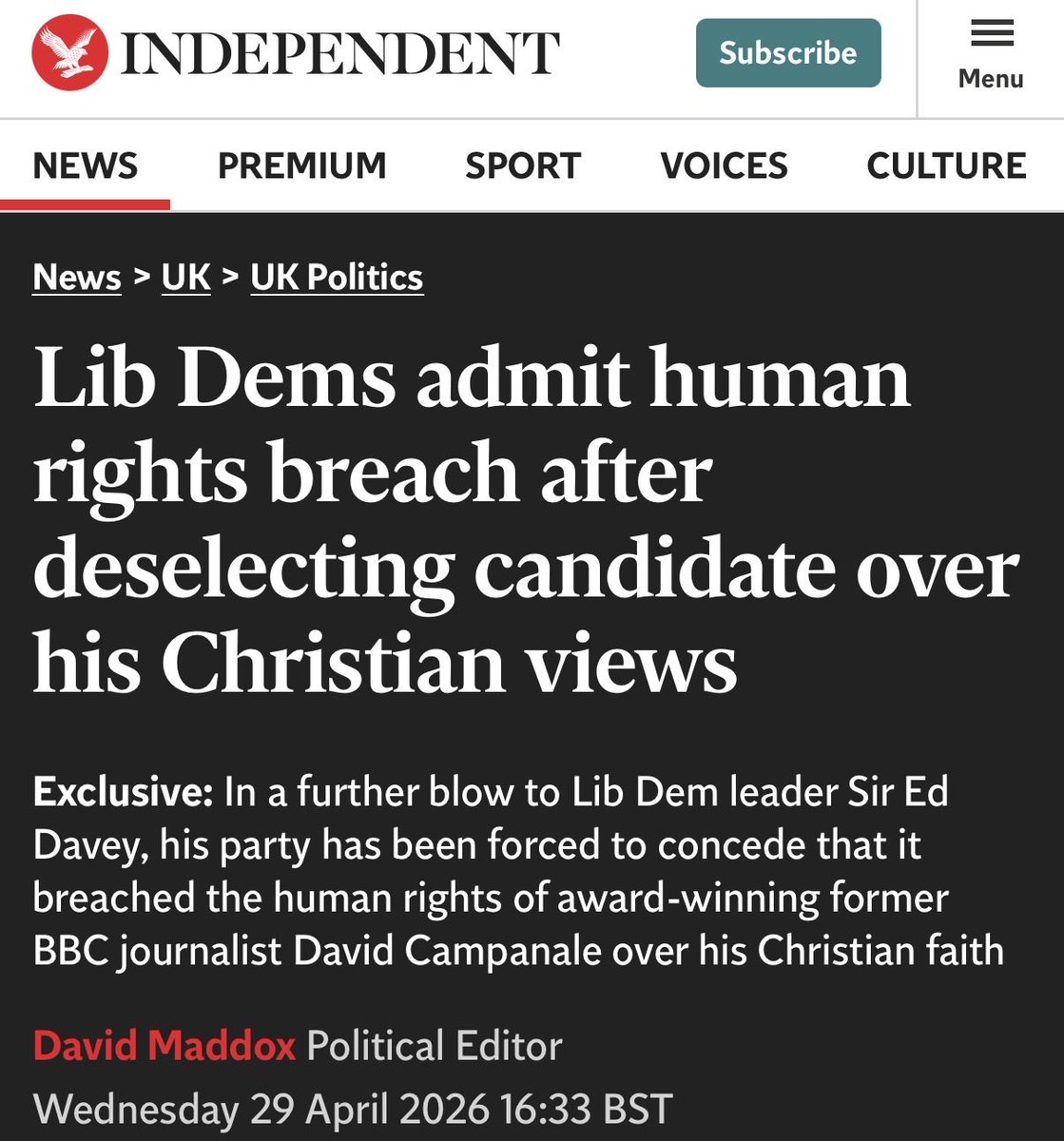 The Lib Dems have admitted to a human rights breach after deselecting David Campanale as a parliamentary candidate over his Christian faith.

In this landmark case, the party has agreed to pay damages to the former BBC award-winning journalist, admitting multiple counts of