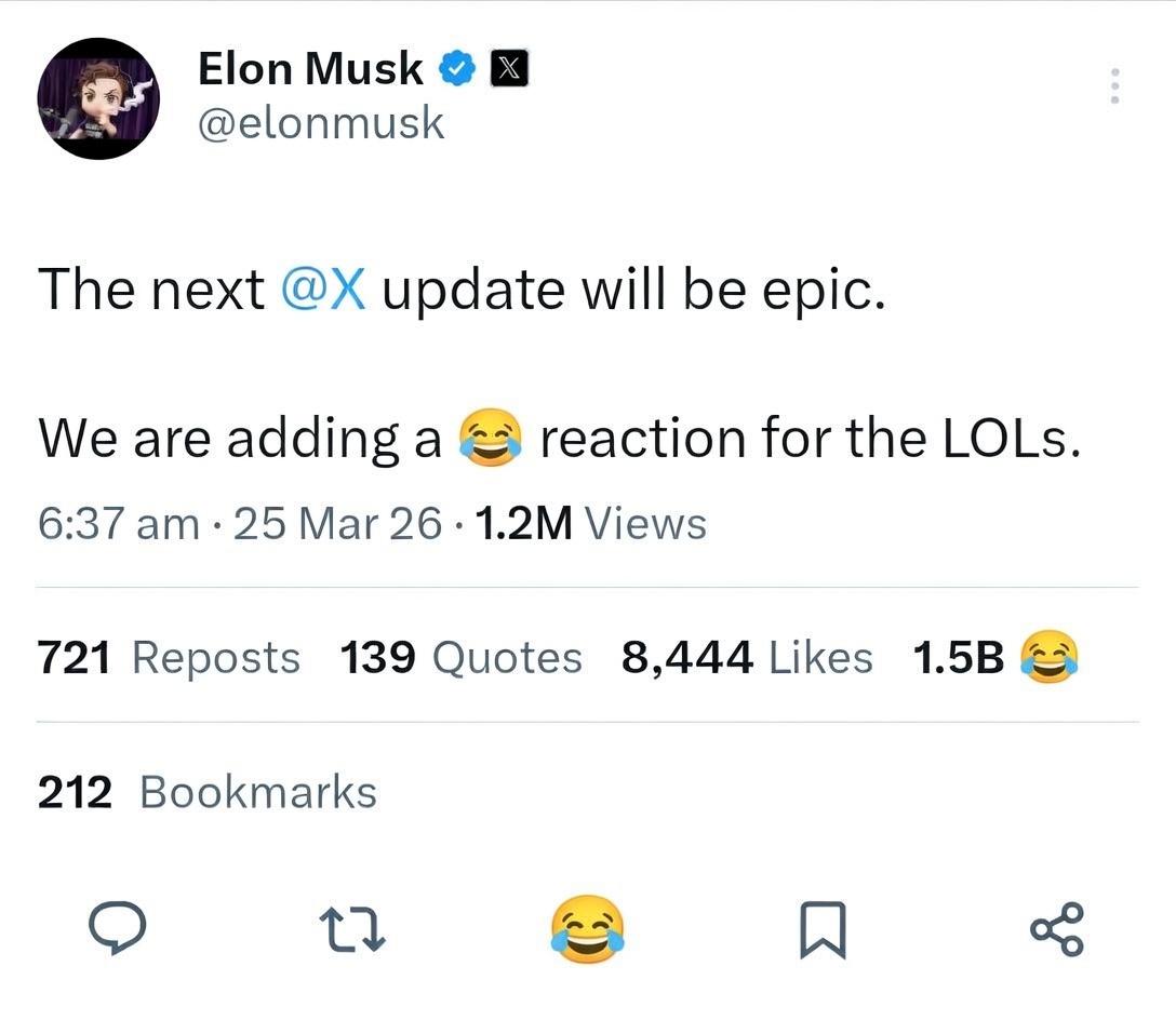 Dan1Beach's tweet photo. @elonmusk I think it's time to add a 😂 emoji reaction as well, Elon!

Can @nikitabier help? We need some more fun and laughs and LOLs

Something like this.... https://t.co/WW5PDRjl2t