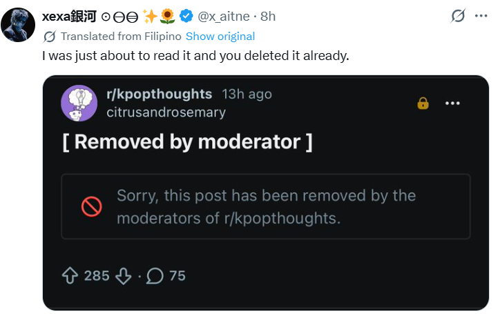 A kpop stan said something positive about ARMYs' on reddit and it was instantly removed by the moderators 😭 they HATE it when their lies about armys are debunked lmao