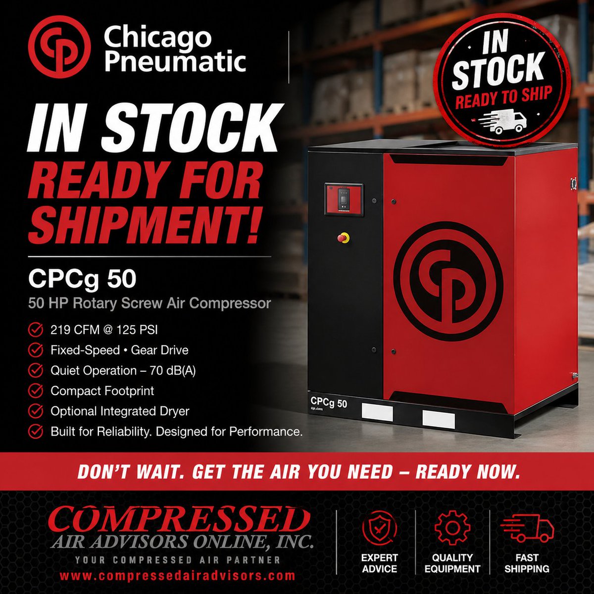CompAirAdvisors's tweet image. Need 219 CFM @ 125 PSI from a dependable 50HP rotary screw compressor?

The Chicago Pneumatic CPCg 50 is:

✔ Gear-drive
✔ Quiet
✔ Compact
✔ Built for continuous duty
Available now:
 compressedairadvisors.com/products/chica…
#CompressedAir #Manufacturing #AirCompressor