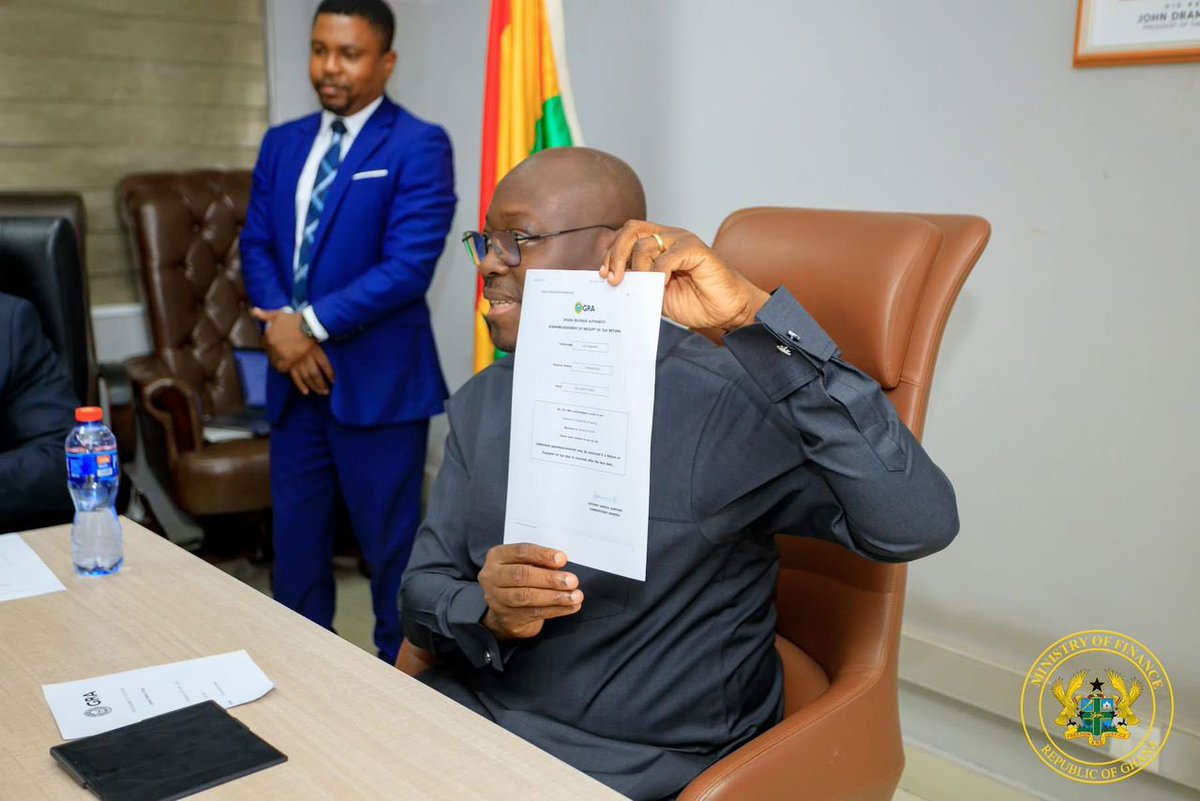 MoF_Ghana's tweet photo. Finance Minister, Deputy File Taxes Publicly, Urge Compliance

The Minister for Finance, Dr. Cassiel Ato Forson, and his Deputy, Thomas Nyarko Ampem, have publicly filed their annual tax returns to promote voluntary compliance and strengthen public trust.

“We did so for a simple reason: leadership must be demonstrated, not declared,” Dr. Forson said.

He commended Ghanaian taxpayers for their contribution to national development and stressed that tax compliance is both a civic duty and a moral responsibility.

“Paying taxes is a shared civic responsibility. It is the foundation of good governance,” he noted, adding that revenue from taxes funds critical sectors such as education, healthcare, infrastructure, and security.

The Minister also praised the Ghana Revenue Authority for its efforts during Tax and Good Governance Month, urging intensified public education and continued reforms to ease compliance.

He encouraged those yet to file their returns to do so promptly, stressing that a strong tax culture is key to building a stable and prosperous Ghana.