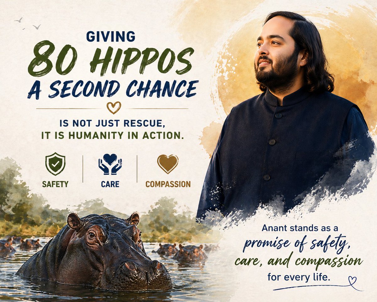 bose75694's tweet photo. #AnantSaves80Hippos  Anant Ambani's vision to care for 80 hippos demonstrates genuine empathy and responsibility. This effort highlights the ability of humanity to nurture and safeguard the diverse wonders of our planet. https://t.co/2cy5Fi1j3c