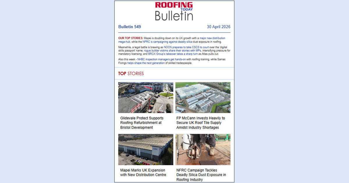 RoofingToday's tweet image. 📢 OUT NOW! 📰 Bulletin 549: roofing-today.co.uk/t/cr/AQi2sAMQ6… Mapei UK acquires a major new distribution mega-hub; NFRC campaigns against deadly silica dust exposure in #roofing; NOCN prepares to take CSCS to court over the 'digital skills passport' name &amp;amp; much more! 👇