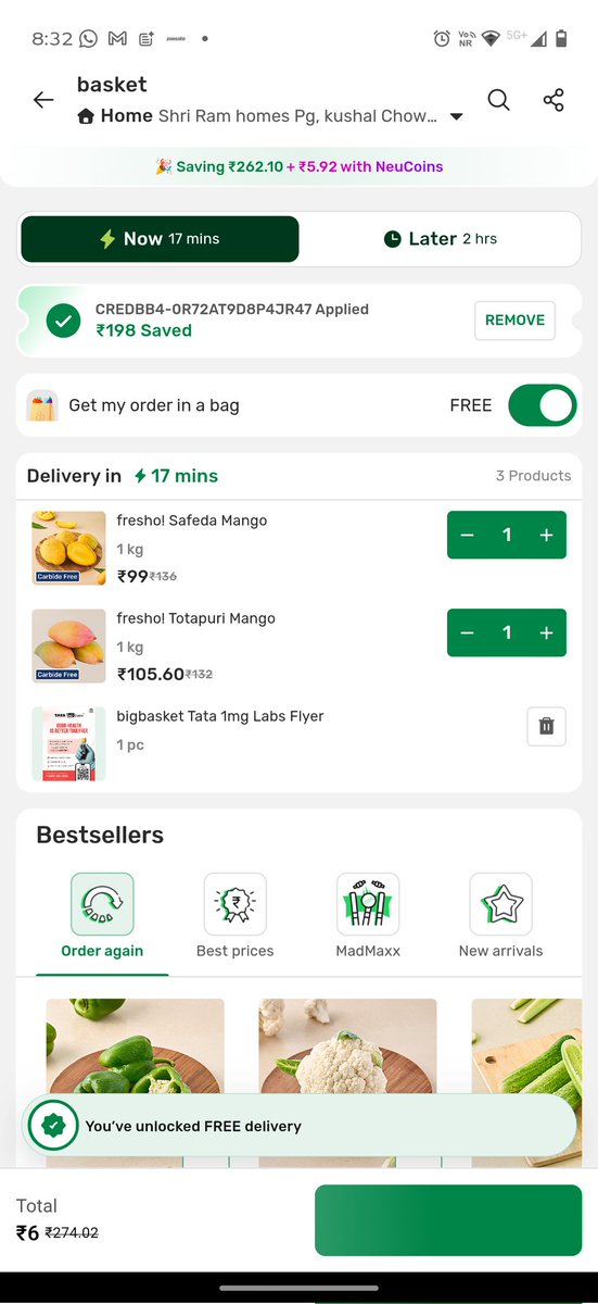 _aditya312's tweet image. Hey @CRED_club @bigbasket_com, why offer a deal that’s impossible to pay for? 🧐

​Code applies perfectly (₹198 saved!), but then says "not applicable on any payment method" at checkout.

​Is this a reward or just a glitch? 🥭🚫 #CRED #BigBasket #UX
