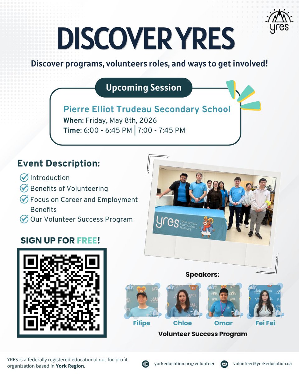 york_education's tweet image. Looking to gain volunteer experience? 👀

Join YRES at Pierre Elliott Trudeau SS on May 8 (6:00–7:45 PM) to learn about opportunities, real experiences &amp;amp; our Volunteer Success Program 🙌

📍 Markham | FREE session — scan to register!
#YRES #Volunteering #StudentLife
