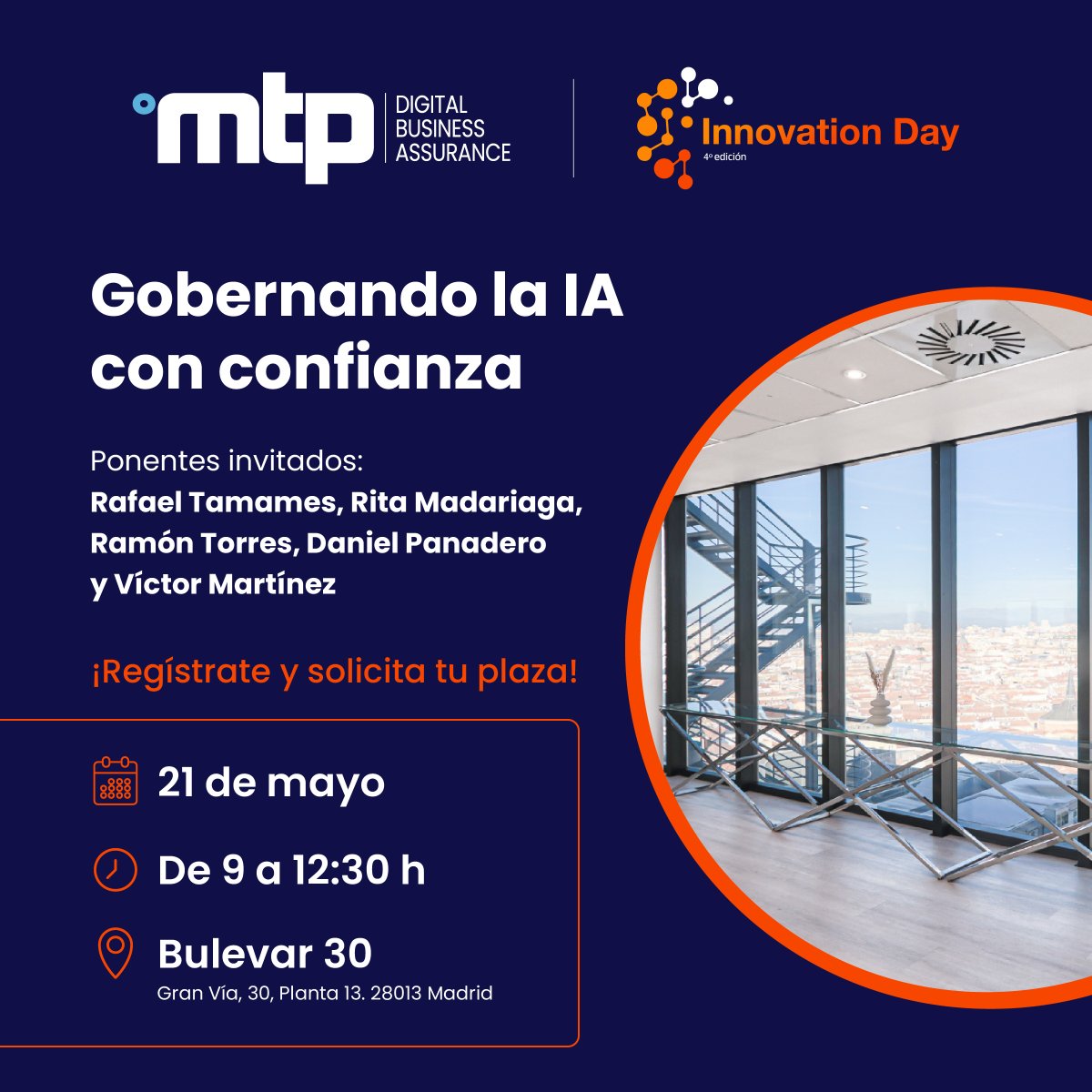 MTPdba's tweet photo. El 21 de mayo celebraremos en Madrid el 4º Innovation Day de MTP. Hablaremos de IA en la empresa, su gobierno real y cómo usarla con control y confianza. Te lo contamos en el #BlogMTP, y cómo registrarte para asistir.
👉 https://t.co/ZoYViAopCR https://t.co/iJDjFpeSoe