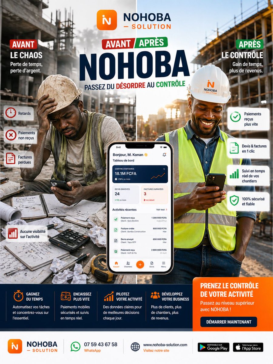 FaBamba1's tweet image. Trop de désordre dans la gestion de tes chantiers ?
Entre les devis papier, les retards de paiement et le manque de suivi… beaucoup d’artisans perdent du temps et de l’argent chaque jour.
✅Passe du désordre à la maîtrise.

#BTP #Construction #Digitalisation #NOHOBA #civ225 #BTP