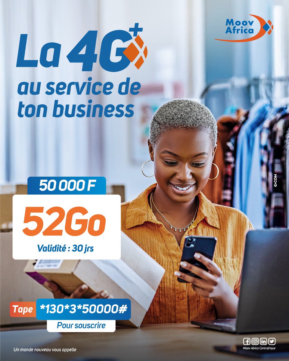 Donne à ton business la vitesse qu’il mérite. 

Avec la 4G+de Moov Africa 💙, passe à un autre niveau et transforme chaque opportunité en succès, sans ralentir.

Pour 30 jours, tu disposes de 52 Go de data à 50 000 F pour travailler, et créer .

Tape  *130 *3 *50.000# et profites