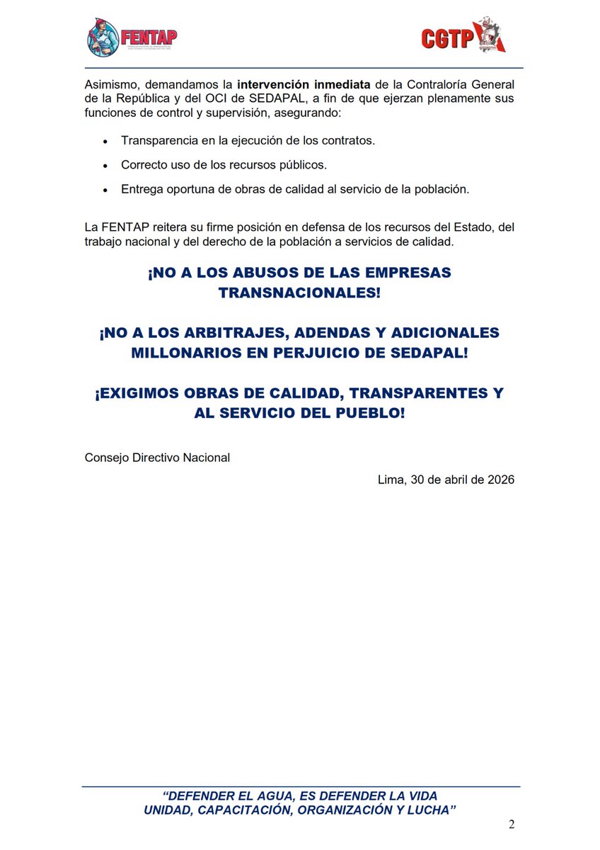 FENTAP4's tweet image. GRAVES IRREGULARIDADES EN MEGAOBRAS DE SEDAPAL: EMPRESAS TRANSNACIONALES PERJUDICARÍAN AL ESTADO Y A EMPRESAS PERUANAS

#Sedapal @sedapal.oficial @contraloriadelperu #contraloria #Denuncia #Corrupcion @seguidores