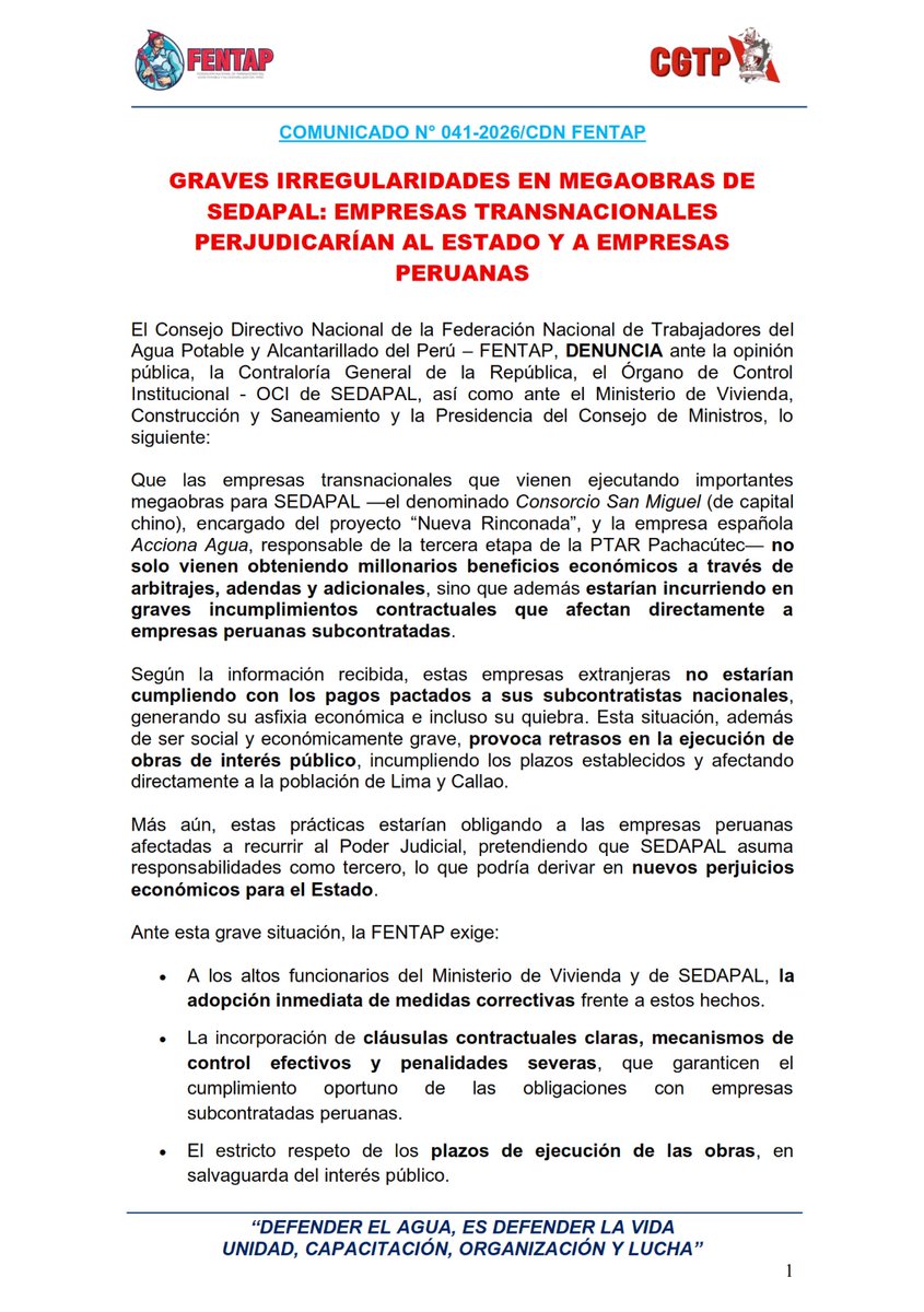 FENTAP4's tweet image. GRAVES IRREGULARIDADES EN MEGAOBRAS DE SEDAPAL: EMPRESAS TRANSNACIONALES PERJUDICARÍAN AL ESTADO Y A EMPRESAS PERUANAS

#Sedapal @sedapal.oficial @contraloriadelperu #contraloria #Denuncia #Corrupcion @seguidores