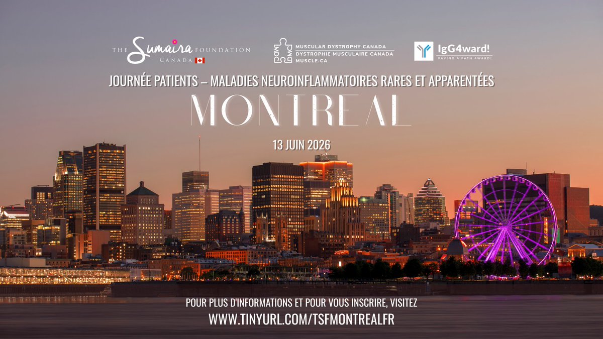 TheSumairaFDN's tweet image. 🇨🇦 Montréal, on arrive ! 

Vous êtes concerné(e) par #CIDP, #IgG4RD, #MG, #MOGAD ou #NMOSD ? Rejoignez-nous le 13 juin : experts, échanges, dernières recherches, communauté. 

Inscription gratuite + repas inclus 👉 tinyurl.com/TSFMontrealFR