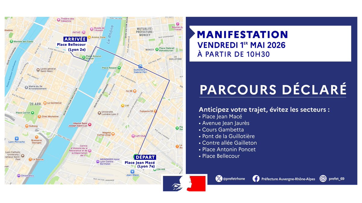 Image de Préfète de région Auvergne-Rhône-Alpes et du Rhône - #1ermai 

Une manifestation aura lieu à #Lyon ce vendredi 1er mai à partir de 10h30. 

➡️La circulat