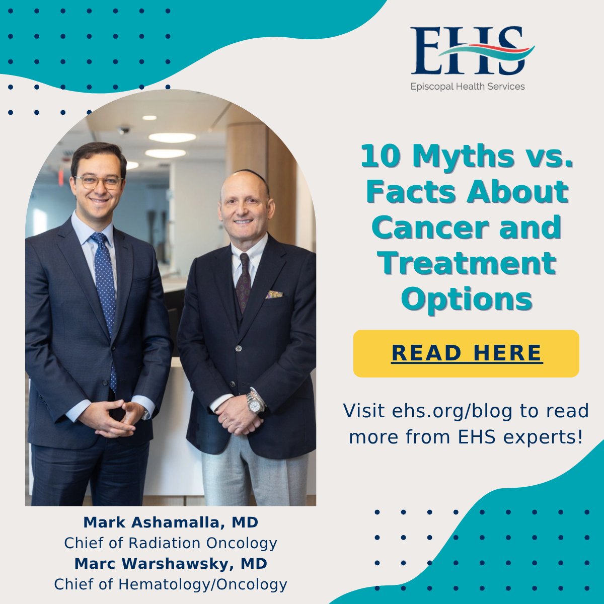 EpisHealthScvs's tweet image. If you recently received a cancer diagnosis, visit bit.ly/EHS-Cancer-Myt… to read the latest blog from #EHS Chief of Radiation Oncology, Dr. Mark Ashamalla and EHS Chief of Hematology/Oncology, Dr. Marc Warshawsky. Visit ehs.org/cancer to learn about cancer care at EHS.