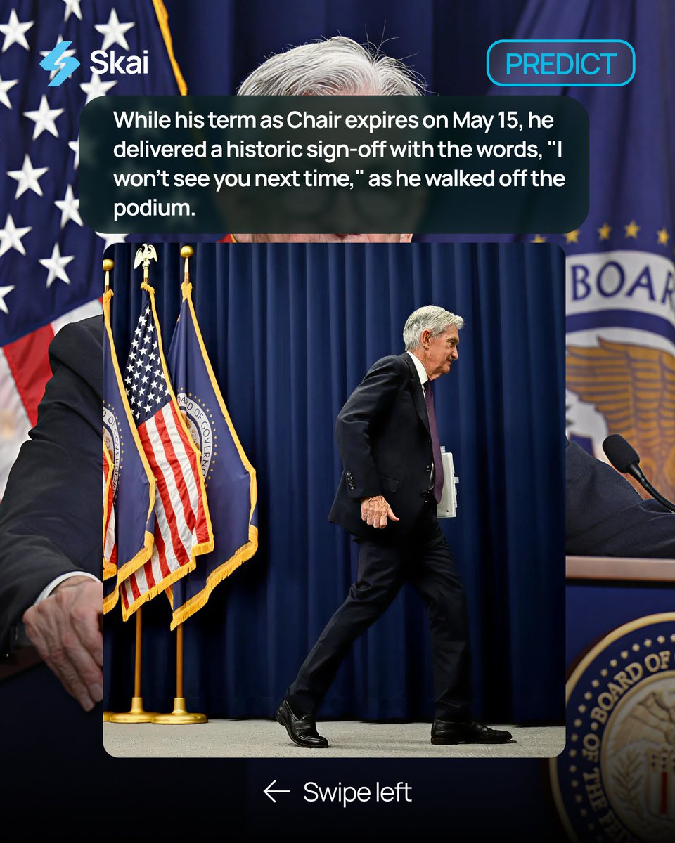 skaipredict's tweet photo. History was made today as Jerome Powell officially concluded his final FOMC press conference as Chair of the Federal Reserve.

While his chairmanship ends on May 15, the "Powell Era" closed with a characteristic stance: keeping interest rates steady at 3.50% - 3.75%. https://t.co/ME9LRNU4mH