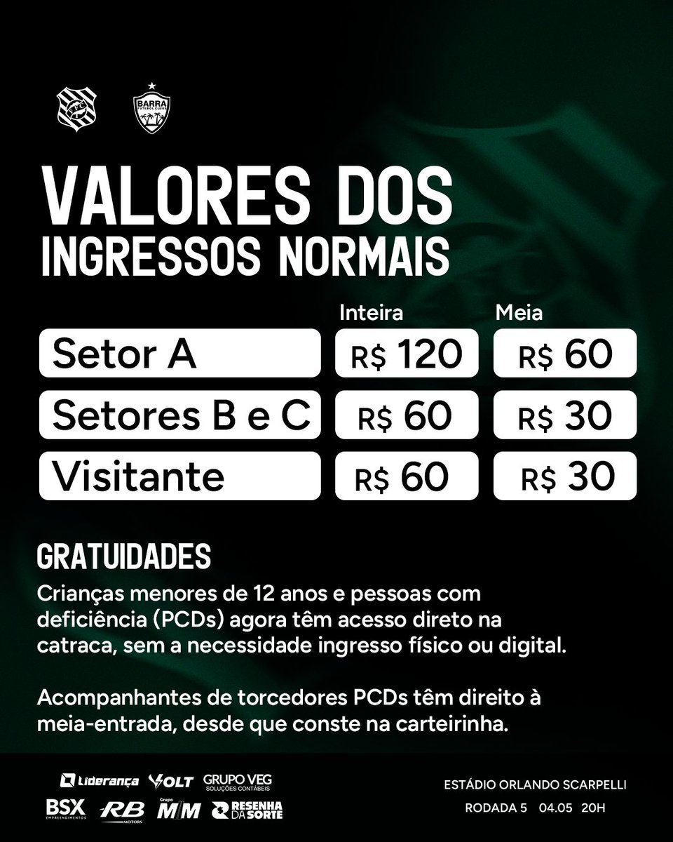 Serviço de Jogo - Figueirense x Barra
⠀
Na próxima segunda-feira (04), o Figueirense enfrentará o Barra pela quinta rodada do Campeonato Brasileiro – Série C. O duelo será no Estádio Orlando Scarpelli, a partir das 20h00.
⠀
Arraste para o lado ou confira abaixo o Serviço de