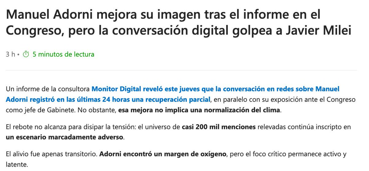 Pese al apoyo de Milei en su paso por el Congreso, la imagen del corrupto de Adorni sigue bajísima, con un 60% de imagen negativa. El titular de Perfil debe leerse como "pasó de horrenda a muy mala".