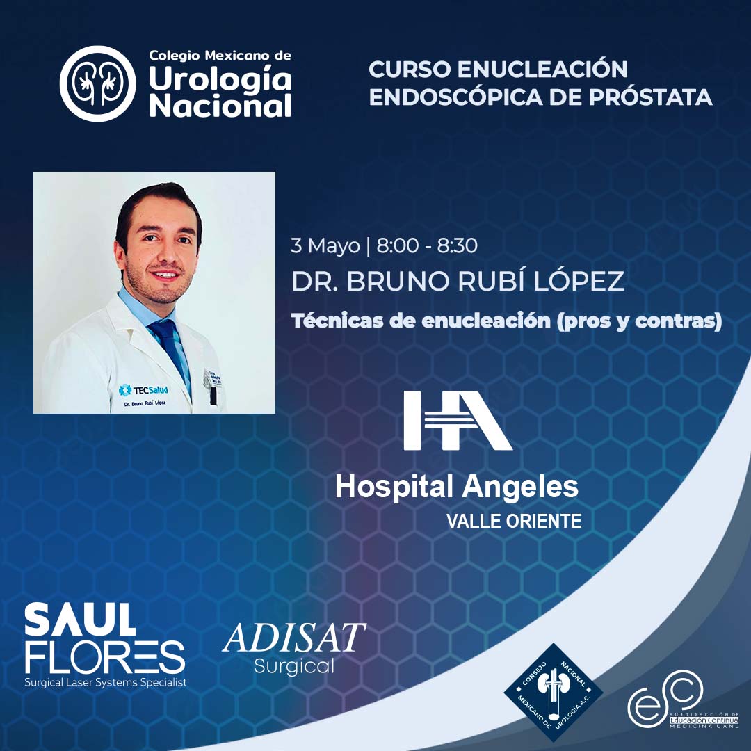 saulfloreslaser's tweet image. Técnicas de enucleación (pros y contras) 
Dr Bruno Rubí López
Curso: Enucleación Endoscópica de Próstata! del @CMUN_Urologia . 
🕗 3 May.26 | 8:00 - 8:30 hrs
Hospital Ángeles Valle Oriente
 
@saulfloreslaser  @UroBruce  #saulfloreslaser #Urología #HoLEP #Endourología