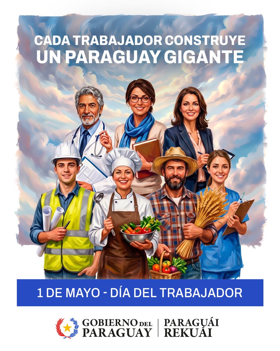 Miticpy's tweet photo. Hoy rendimos homenaje a quienes, con su dedicación diaria, sostienen y hacen crecer al Paraguay.

Su compromiso es la base sobre la que seguimos avanzando como país. ¡Feliz Día del Trabajador! https://t.co/iFF7ZPBxCn