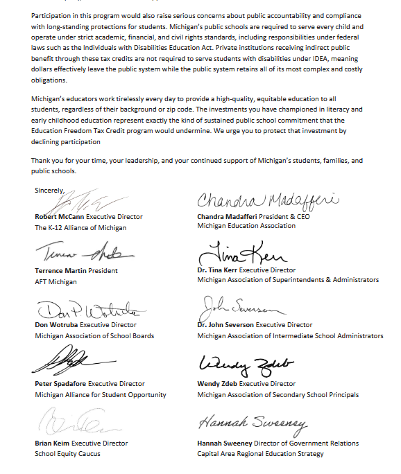 A group of Michigan education organizations, many of which have been allies of Gov. Whitmer, urge her in a letter today to decline to participate in President Trump's Education Freedom Tax Credit.