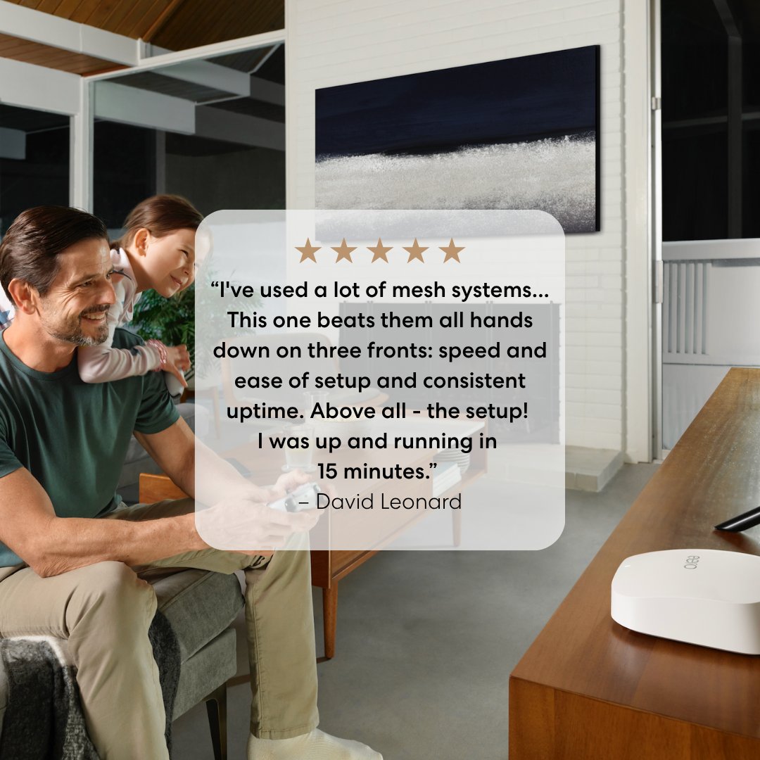 geteero's tweet image. 5 stars, no notes ⭐️ Easy setup, reliable coverage, and wifi that actually keeps up. See what customers are saying about eero Pro 6E 🛜

#eero #reviews #wificonnection