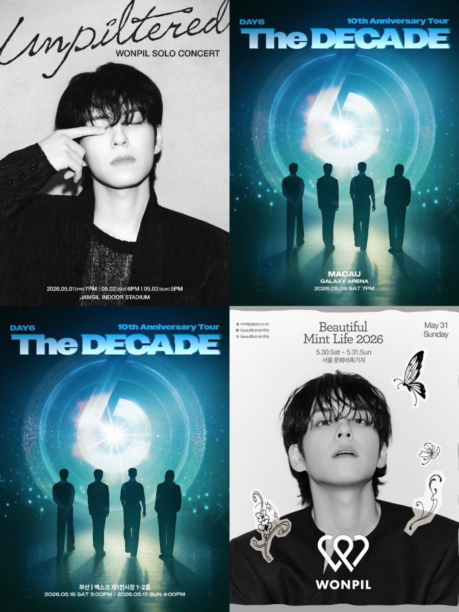 #WONPIL will perform in 7 concerts this month

🗓️ May 1, 2, 3 - Unpiltered
Jamsil Indoor Stadium, Seoul

🗓️ May 9 - The DECADE
Galaxy Arena, Macau

🗓️ May 16, 17 - The DECADE
BEXCO Convention Center, Busan

🗓️ May 31 - Beautiful Mint Life
Oil Tank Culture Park, Seoul