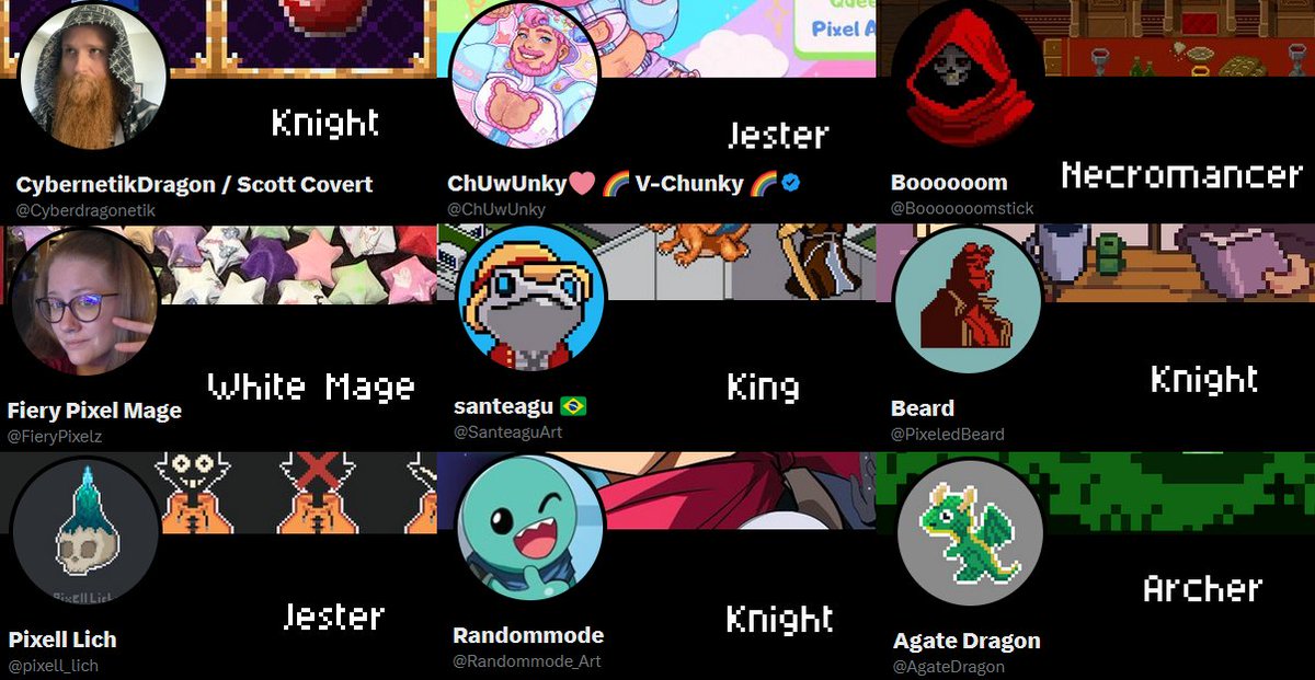 Cyberdragonetik's tweet image. Art collab of a stained glass RPG class theme! ⚔️👑💀🏹🧙‍♂️🧙

#pixelart #ドット絵 #collab

Credits are in the comments