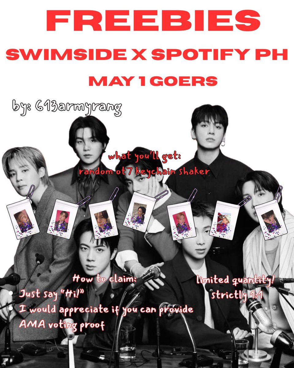 613armyrang's tweet photo. FREEBIES ALERT 🚨  
SWIMSIDE x Spotify PH - May 1 Goers!

giving away random OT7 keychain shakers 🎁  
limited slots • strictly 1:1

how to claim:  
Just say “hi” + provide your AMA voting proof 🫶

first come, first served!

#SWIMSIDE #SpotifyPH #FiloArmys #armytwt #freebies https://t.co/0Pj43a9T2J