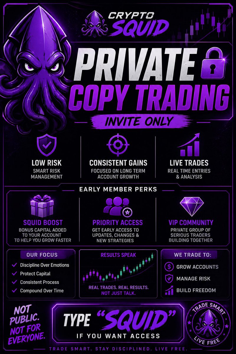 SquidScalps's tweet photo. PRIVATE COPY TRADING
🦑 Crypto Squid System

✔️ Low Risk Strategy
✔️ Live Trades
✔️ Account Growth Perks

INVITE ONLY
Type “SQUID” to join https://t.co/nivzgpL2tB