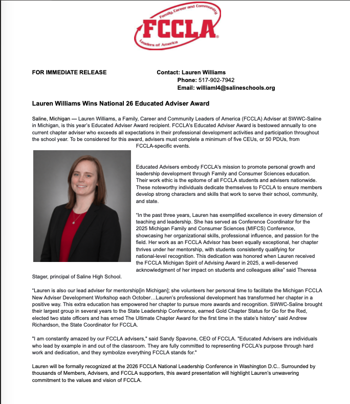 SalineHS's tweet photo. Congrats to Mrs. Lauren Williams, our FCCLA Advisor, on winning the 2026 FCCLA Educated Adviser Award! Her leadership and dedication make a huge impact at Saline High School. Thank you for inspiring excellence every day! 🎉 #SalineHS #FCCLA #SWWC https://t.co/2lt69UjApU