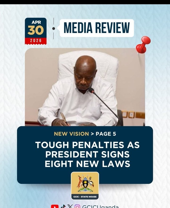 juli43720's tweet image. President @KagutaMuseveni signs 8 laws for creatives, labour, health &amp;amp; energy.  
Key: Copyright Act 2026, Employment Act 2025, Drug Authority Act 2026.  
#Legislation #Uganda #GoldenPosts @KagutaMuseveni @GCICUganda