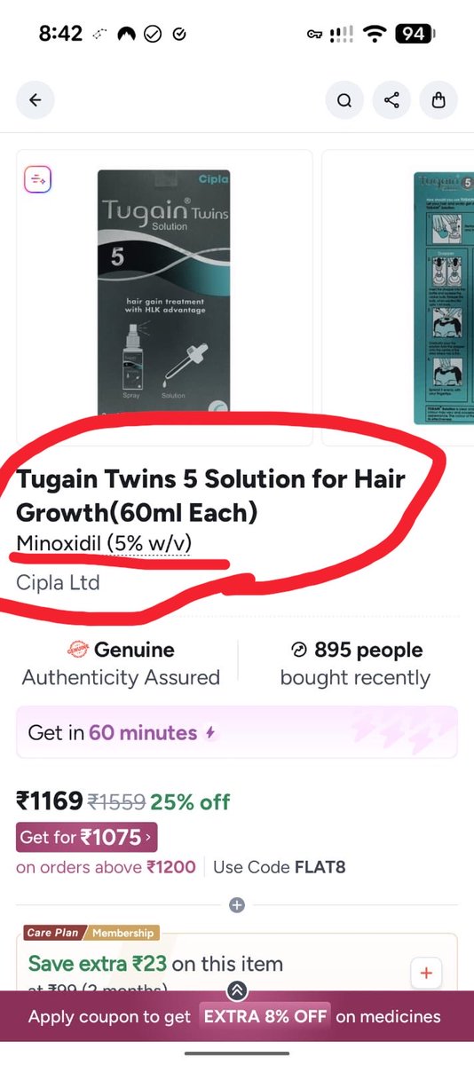 0091mg's tweet photo. @narendramodi same tugain minoxidil (no FINASTERIDE) of the @Cipla_Global is available on @1mgOfficial with full view of composition but delivery time was 2moro so I cancelled…..

It seems that @letsblinkit @blinkitcares deliberately hide the composition part n only upload front n apply side so they can sell this FINASTERIDE salted Tugain….

That’s why when I saw Minoxidil Tugain at Blinkit so without clicking DETAIL button I added the item n placed…. But no I understood that #blinkit deliberately posted this item under hidden way n nw not interested to take back….