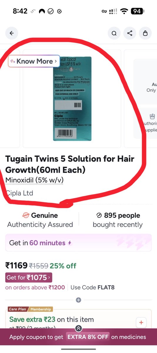 0091mg's tweet photo. @narendramodi same tugain minoxidil (no FINASTERIDE) of the @Cipla_Global is available on @1mgOfficial with full view of composition but delivery time was 2moro so I cancelled…..

It seems that @letsblinkit @blinkitcares deliberately hide the composition part n only upload front n apply side so they can sell this FINASTERIDE salted Tugain….

That’s why when I saw Minoxidil Tugain at Blinkit so without clicking DETAIL button I added the item n placed…. But no I understood that #blinkit deliberately posted this item under hidden way n nw not interested to take back….
