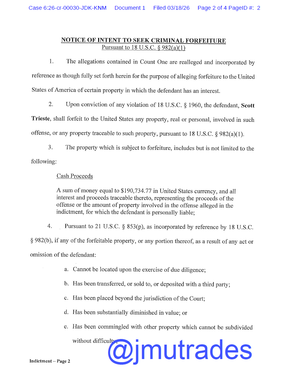 jmutrades's tweet photo. 🚨BREAKING: Federal Grand Jury Indicts Scott Trieste Over Alleged Unlicensed Money Transmitting Operation from 2020–2021. https://t.co/K4InWYjAh3