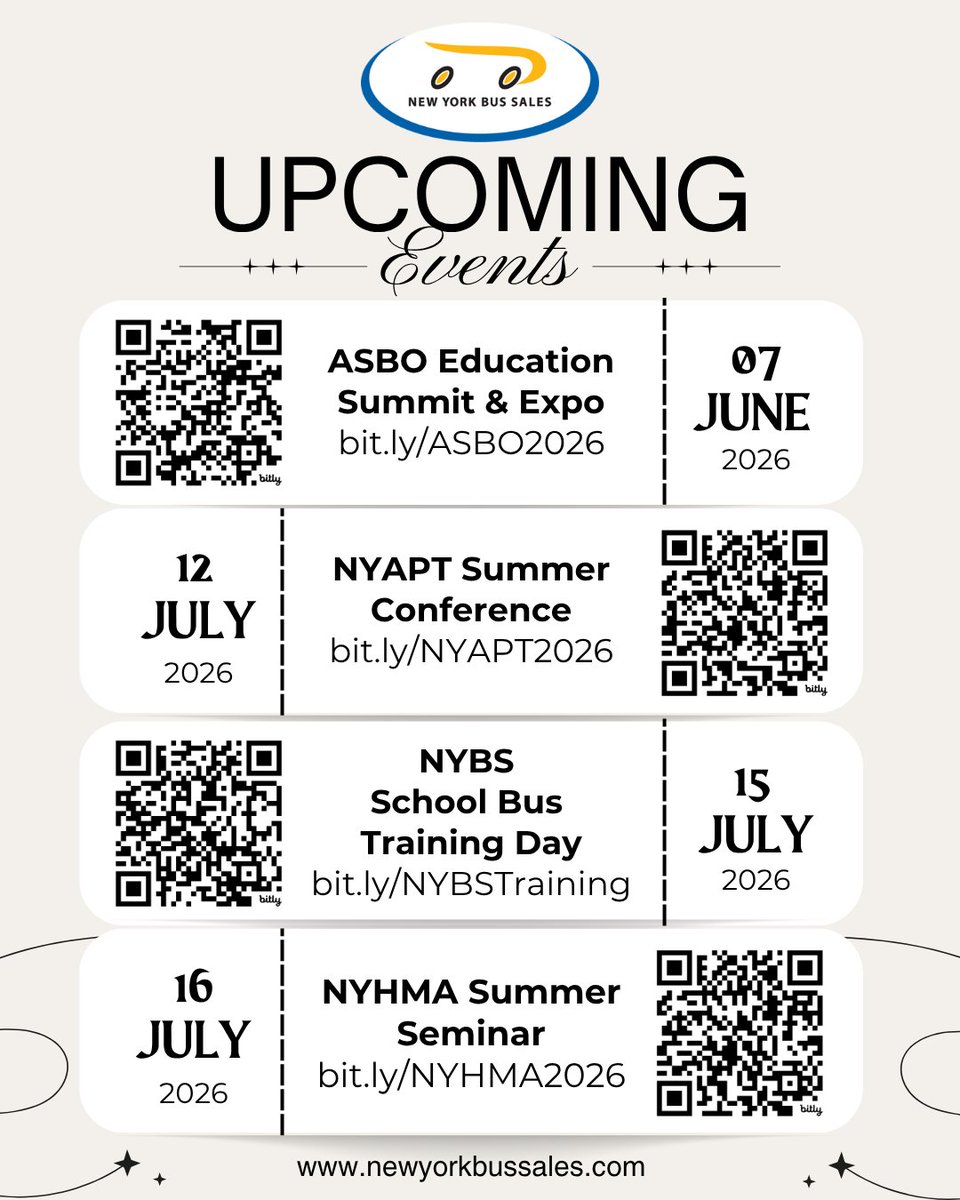 nybussales's tweet image. Summer event season is almost here and we’re hitting the road!☀️🚍

Join us at NYHMA, NYAPT, Training Day, and ASBO for a summer full of learning, networking, and hands-on experience.

Reserve your spot, sign up using the links below!⬇️

#events #comingsoon #signup #nybs