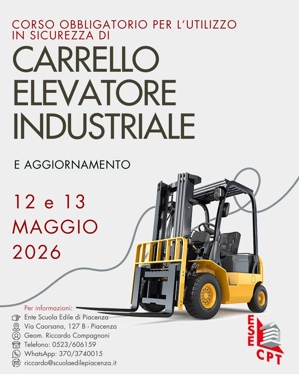 EnteScuolaEdile's tweet photo. 📌 Corso OBBLIGATORIO per l'utilizzo in sicurezza del Carrello Elevatore Industriale (Muletto) + Aggiornamento

👷‍♂️ L'utilizzo in sicurezza del Carrello Elevatore Industriale, espone l’addetto a numerosi rischi specifici per i quali è prevista la formazione obbligatoria. https://t.co/7ccfhqq4gj