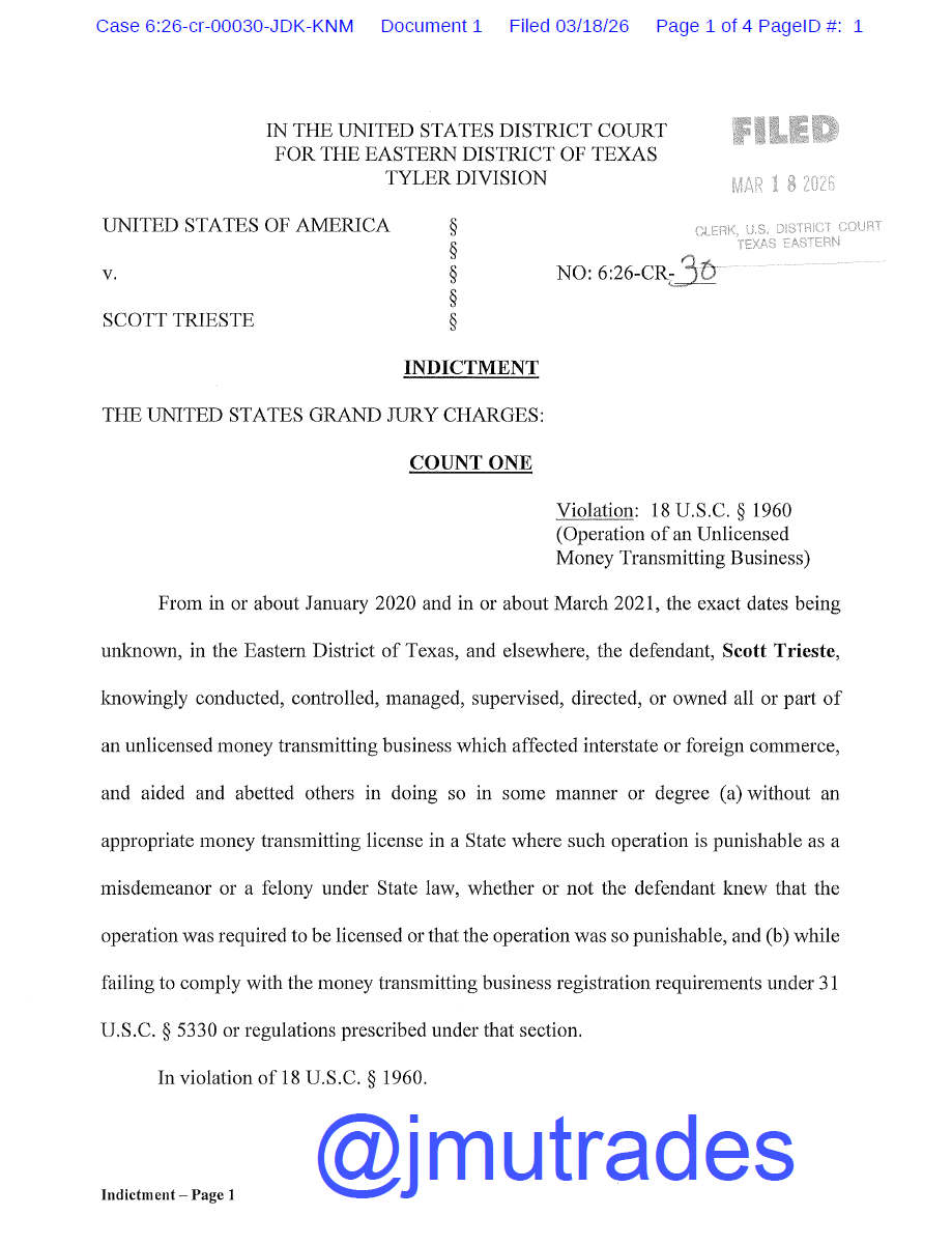 jmutrades's tweet photo. 🚨BREAKING: Federal Grand Jury Indicts Scott Trieste Over Alleged Unlicensed Money Transmitting Operation from 2020–2021. https://t.co/K4InWYjAh3