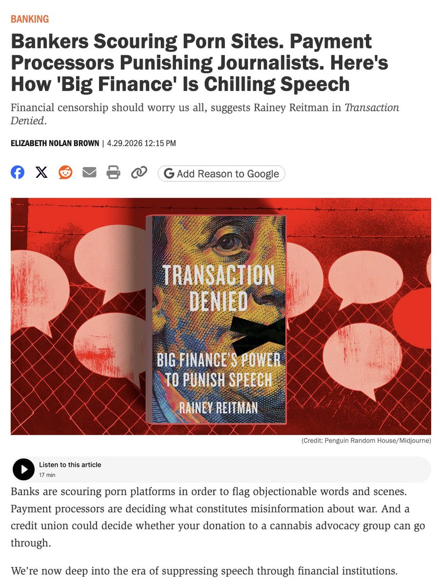 Really important book from <a href="/RaineyReitman/">Rainey Reitman</a> on how banks, credit cards &amp; payment processors are chilling &amp;  censoring speech  It makes very clear that this isn’t just the “whim” of financial  institutions but comes from pressure—direct &amp; indirect—from  government
